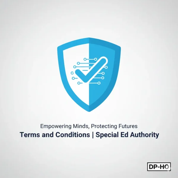 DP-HO Terms and Conditions for Special Ed Authority by Imtiyaz Ali (M.Phil), featuring a blue security shield icon and the slogan "Empowering Minds, Protecting Futures.