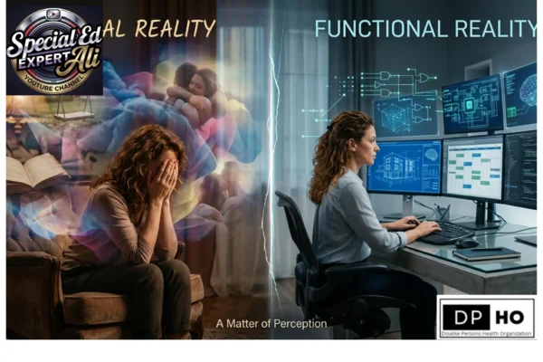 A conceptual educational graphic featuring a blurred woman in a thinking pose in the background. In the foreground, a vibrant word cloud displays the investigative questions "Who?", "Why?", "Where?", "When?", "What?", and "How?" in various colors. The image effectively illustrates the cognitive process of decoding language and is branded with the Special Ed Expert Ali logo in the top-left and the DP-HO (Disable Persons Health Organization) logo in the bottom-right.