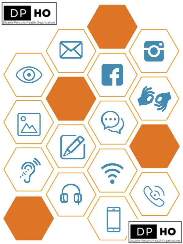 A professional honeycomb graphic by Disable Persons Health Organization (DP-HO). The visual includes icons for eye care, hearing aids, sign language, digital communication (email, social media, Wi-Fi), and literacy tools. Orange and blue hexagons represent a holistic approach to the Disability Inclusion Calendar 2026-27