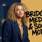 An editorial-style educational banner titled "BRIDGING MEDICAL & SOCIAL MODELS," designed to analyze the intersection of the Medical Model and Social Model of disability. The right side features a striking portrait of a confident young woman with thick, blonde curly hair looking forward against a warm yellow backdrop with minimalist starburst accents. She is wearing a mustard-gold silk collared shirt underneath a structured navy blue blazer. The left side transitions into a deep navy blue block featuring subtle, integrated line-art accessibility icons, including a wheelchair user and a hearing impairment symbol. The infographic is professionally branded with the Special Ed Expert Ali YouTube channel logo in the top-left corner and the metallic Disabled Persons Health Organization (DPHO) plate logo in the bottom-right corner.