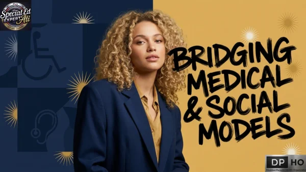 An editorial-style educational banner titled "BRIDGING MEDICAL & SOCIAL MODELS," designed to analyze the intersection of the Medical Model and Social Model of disability. The right side features a striking portrait of a confident young woman with thick, blonde curly hair looking forward against a warm yellow backdrop with minimalist starburst accents. She is wearing a mustard-gold silk collared shirt underneath a structured navy blue blazer. The left side transitions into a deep navy blue block featuring subtle, integrated line-art accessibility icons, including a wheelchair user and a hearing impairment symbol. The infographic is professionally branded with the Special Ed Expert Ali YouTube channel logo in the top-left corner and the metallic Disabled Persons Health Organization (DPHO) plate logo in the bottom-right corner.