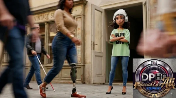 An urban street scene illustration showcasing disability awareness and everyday accessibility, referenced as "image_1c7375.jpg". On the right, a young stylized woman with curly hair, a white beanie, and large over-ear headphones stands with crossed arms in a doorway, wearing an oversized green t-shirt, blue skinny jeans, and black high heels. In the foreground on the left, a woman walks across the cobblestone pathway wearing a prosthetic left leg and brown sneakers, while behind her, a man walks using a white cane for visual impairment outside a shop labeled "VINTAGE". Blurred pedestrians move through the frame, creating a busy city atmosphere. The bottom-right corner features a circular custom metallic emblem combining the DPHO (Disabled Persons Health Organization) and Special Ed Expert Ali YouTube Channel logos.