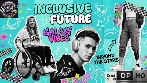 Text: A vibrant, teal-colored collage-style infographic poster titled "INCLUSIVE FUTURE" and "GALAXY VIBES," referenced as "Reconciling Medical Model and Social Model Paradigms in Special Education.webp". The design features multiple cutout figures and whimsical space elements. On the left, a smiling young woman in a hoodie and backwards baseball cap is seated in a sports wheelchair. In the center, a young man wearing large over-ear headphones looks toward the viewer. On the right, a standing figure is shown from the waist down wearing cargo pants and a prosthetic leg. The background is filled with playful doodles of planets, stars, musical notes, alien heads, and checkered tape strips, alongside the text "BEYOND THE STARS". The poster is branded with the Special Ed Expert Ali YouTube channel logo in the top-left corner and the metallic Disabled Persons Health Organization (DPHO) plate logo in the bottom-right corner.