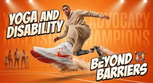 An action-packed, energetic infographic banner titled "YOGA AND DISABILITY" and "BEYOND BARRIERS." The image captures an athletic young man in a tan tracksuit performing a dynamic, high-flying leap across a bright orange studio court background. His right foot, wearing a prominent white and orange Nike running sneaker, thrusts toward the foreground, while his left leg utilizes a high-performance running blade prosthetic that leaves a trail of dust and stylized gold lines mixed with tiny accessibility icons. In the blurry background on the left, a small group of people stands watching, while a simple four-hands-joined unity icon rests next to the "BEYOND BARRIERS" text on the right.