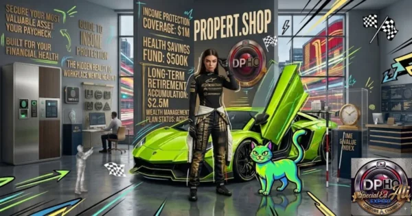 In this image from "how-do-disability-benefits-integrate-with-long-term-financial-and-retirement-goals.webp," a woman in racing gear stands beside a neon green sports car, serving as a powerful visual metaphor for speed, ambition, and the strategic planning required when considering how do disability benefits integrate with long-term financial and retirement goals. The background displays financial data including "Income Protection Coverage: $1M," "Health Savings Fund: $500K," and "Long-term Retirement Accumulation: $2.5M," alongside the "DPHO Special Ed Ali Expert" branding, illustrating the balance between protecting one's current career asset and securing a prosperous, long-term financial future.