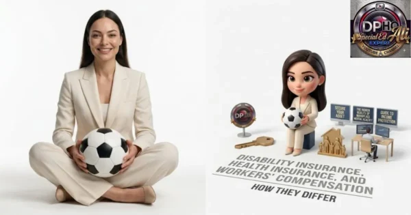 In this image from "how-does-disability-insurance-differ-from-health-and-workers-compensation-insurance.webp," a professional woman sits holding a soccer ball, mirrored by a stylized character figure holding a similar ball. Beside the figure are miniature representations of a key, a family home, and a workstation with screens displaying "Secure Your Asset," "The Hidden Reality of Workplace Mental Health," and "Guide to Income Protection." The composition clarifies the distinctions between disability insurance, health insurance, and workers' compensation, all anchored by the "DP-HO Special Ed Ali Expert" branding to emphasize the importance of understanding these critical coverage types.