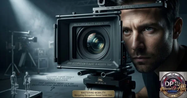 In this image from "the-hidden-trap-of-any-occupation-clauses.webp," a man focuses intently through a professional camera lens, emphasizing the need for clarity when examining the hidden trap of any occupation clauses in insurance policies. The camera equipment is marked with phrases like "Any occupation clause: a hidden trap?" and "The fine print is where they trap you," highlighting the risks associated with such language. Below, text prompts viewers to "Secure your most valuable asset: your career" and to consider the "hidden reality of occupation-based clauses," while a badge identifies the content as part of the "Mastering Mobility: Navigating Occupation-Based Career Risk" series under the "DPHO Special Ed Ali Expert" branding.