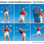In this image titled "top-10-curable-disabilities.webp," a collage of a young woman in a red top and white shorts is displayed against a clear blue sky, featuring playful hand-drawn doodles of hearts, clouds, and flowers to promote awareness of **top-10-curable-disabilities**. The creator collection includes vibrant action shots and poses, anchored by the "Special Ed Expert Ali" branding and contact information for Imtiyaz Ali, emphasizing a positive and lifestyle-focused approach to disability education.