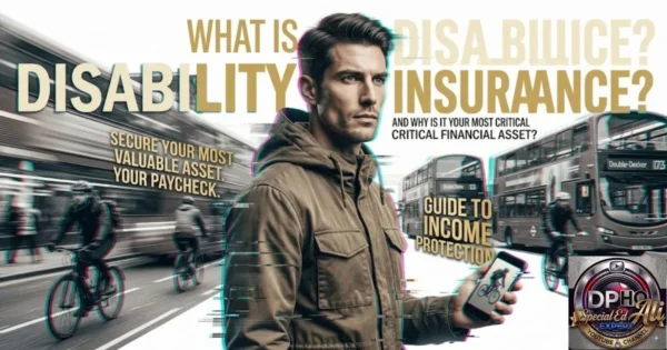 In this image from "what-is-disability-insurance-and-why-is-it-your-most-critical-financial-asset.webp," a man in a brown jacket looks contemplatively toward the horizon, holding a smartphone that displays a cyclist, while surrounded by text asking, "What is disability insurance and why is it your most critical financial asset?" The background features a bustling urban street with double-decker buses and cyclists, creating a dynamic visual narrative about securing one's most valuable asset: a paycheck. The composition is branded with the "DP-HO Special Ed Ali Expert" logo and references a "Guide to Income Protection," emphasizing the vital importance of financial stability and planning.